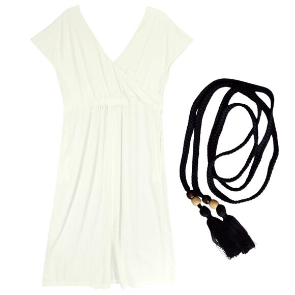 Aday Midi Dress sz S Women Super Swish Ivory Surplice Neck Rope Belt‎ Minimalist - Picture 3 of 15